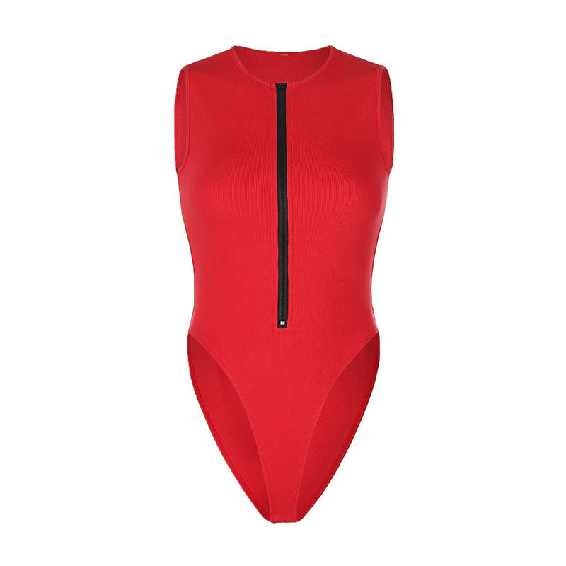 Zipped Tight Bodysuit Women Red